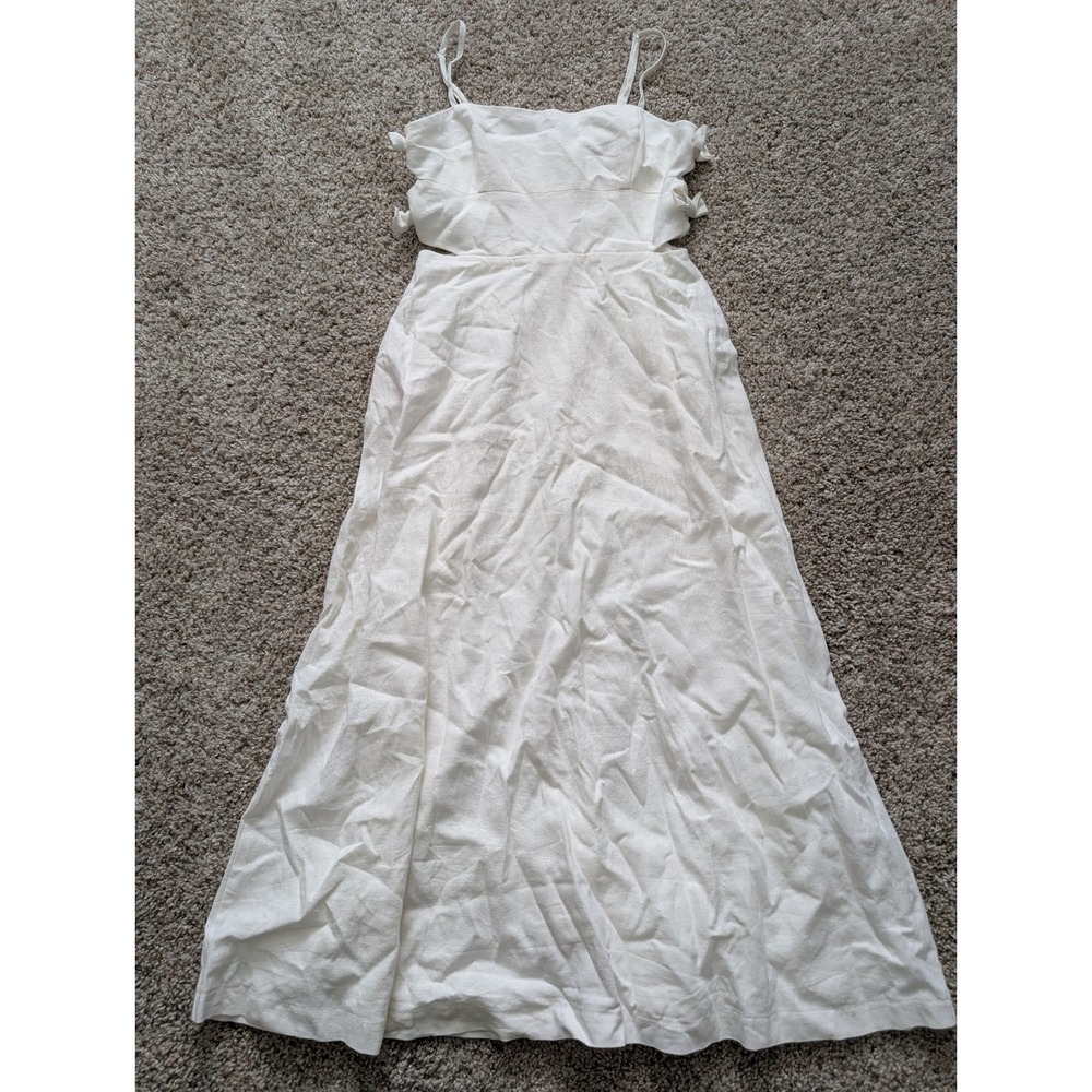 WAYF White Linen Blend Side Cut Out Bow Detail Maxi Dress XS Square Neck Smocked